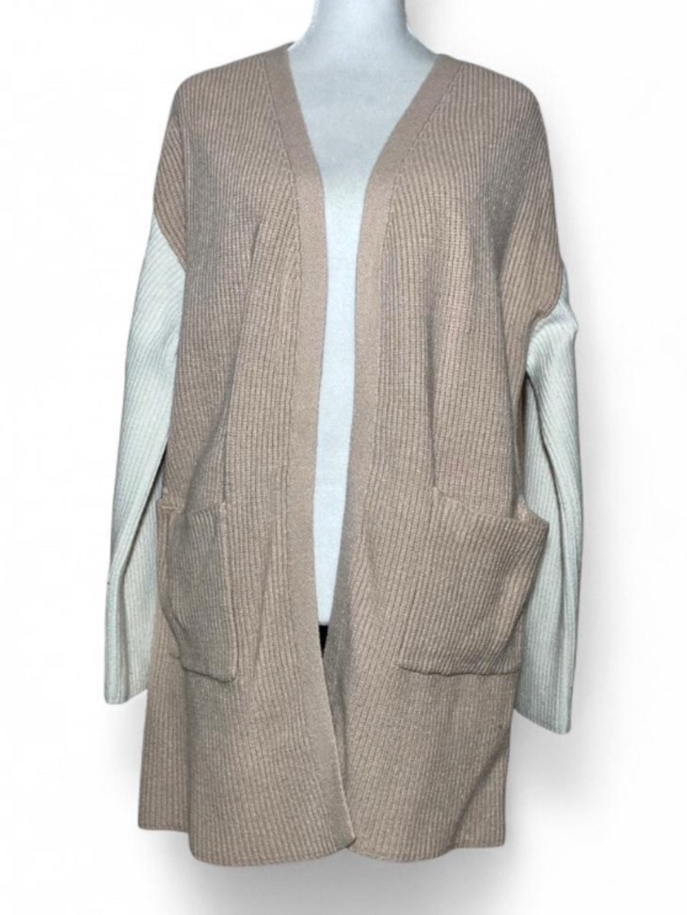 Impressions Beige Knit Open Front Cardigan Sweater Oversized Cozy size S/M - Picture 2 of 7